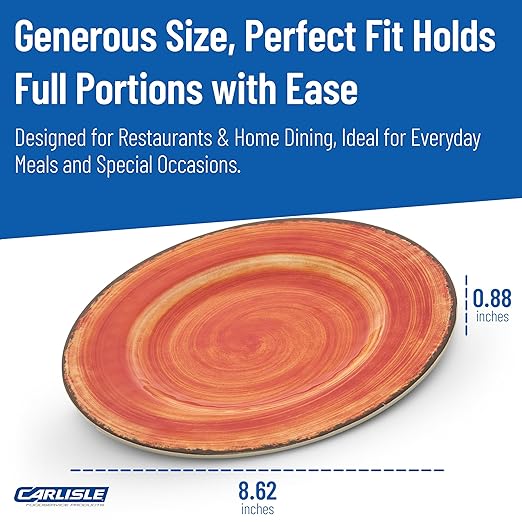 Carlisle FoodService Products Mingle Resuable Plastic Plate Dinner Plate with Pottery Style for Home and Restaurant, Melamine, 9 Inches, Fireball, (Pack of 12)