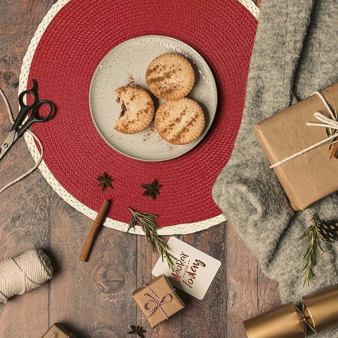 Noctiflorous Round Placemats Set of 8, 15 Inch Braided Hand Woven Table Mats, Heat Resistant Non-Slip Wipeable Thin Edge Place Mats for Kitchen Dining Indoor Outdoor Use(Red, 8)