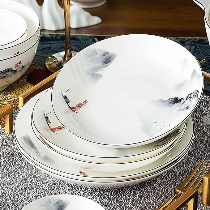 Ceramic Dinnerware Sets for 12 Reusable Tableware Set Chinese Style Dishes Set Ink Painting Serving Plates and Bowls Sets Safe and Healthy Dining Ware Set Plates/Bowls/Spoons and Soup Pot - 60 Piece
