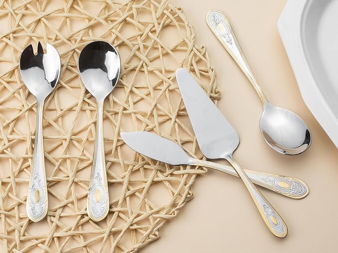5 Piece Hostess Set - Serving Utensil Set - 18/10 Stainless Steel Silverware - Luxurious Handle with Gold Detailing - Elegant Silver and Gold Flatware Hostess Serveware (5, Lucca)