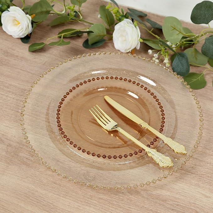 8" Salad Plates - Set of 10 - Plastic Amber Round Disposable Dessert Appetizer Plate with Beaded Rim, Ideal for Dinner Party Wedding Bulk Events