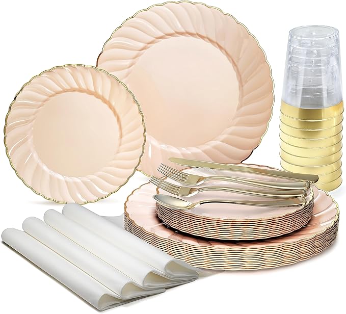 " OCCASIONS " 320pcs set (40 Guests)-Vintage Wedding Party Disposable Plastic Plates -40 x 10.25'' + 40 x 7.5'' +Silverware +Gold rim Cups +Napkins (Blossom Blush & Gold)