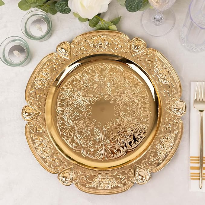 Efavormart 6 Pack Gold Floral Embossed Acrylic Charger Plates With Scalloped Rim, 13" Round Plastic Decorative Serving Plates