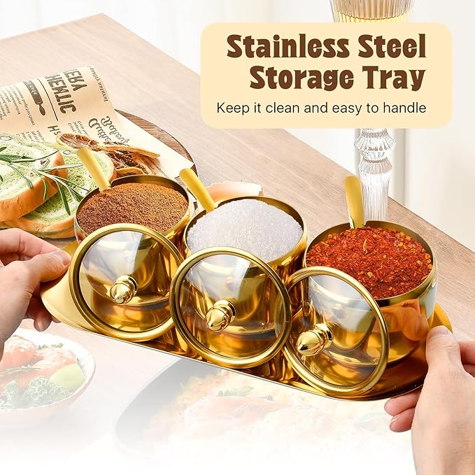 Set of 3 Stainless Steel Sugar Container with Glass Lid and Spoon, Gold 10oz Seasoning Jar Condiment Pots with Serving Tray, Kitchen Canisters Set for Pepper, Salt, Spice, Candy