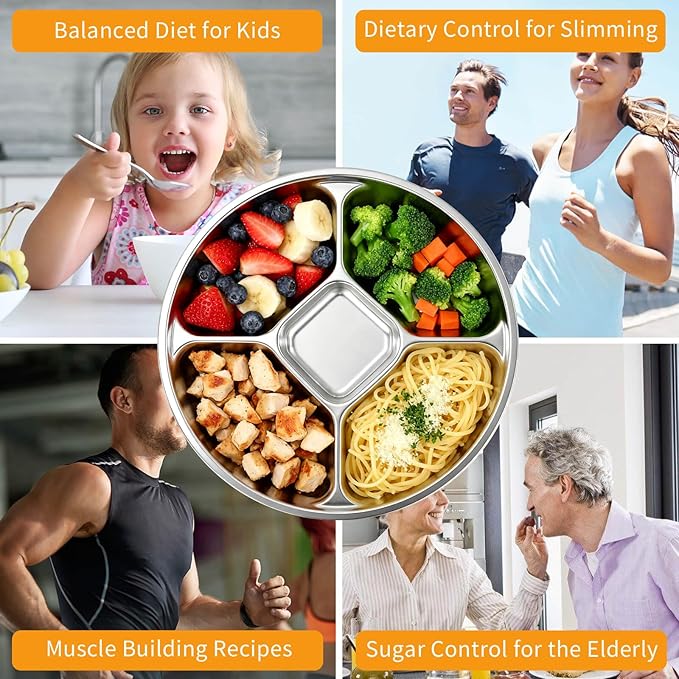 Stainless Steel Divided Dinner Plate 8'' Reusable Portion Control Plate - Metal Separated Plates & Lunch Dinner Plates Set - Round Serving Platter, BPA-Free Microwave-Safe for Meal Prep, Work & Family
