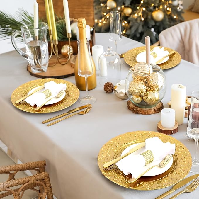 Uiifan 50 Pcs Antique Charger Plates Bulk 13 Inch Embossed Rim Plastic Decorative Round Plates for Dinner Wedding Party Event Table Setting Decoration (Gold,50 Pcs)