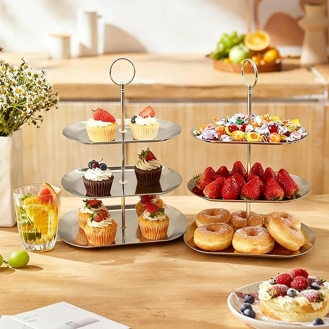 2PCS 3 Tiers Stainless Steel Cupcake Stand 3 Tiers Fruit Tray Dessert Plate Dessert Stand for Party Cupcake Display Tower for Birthday Wedding Afternoon Tea (Silver)
