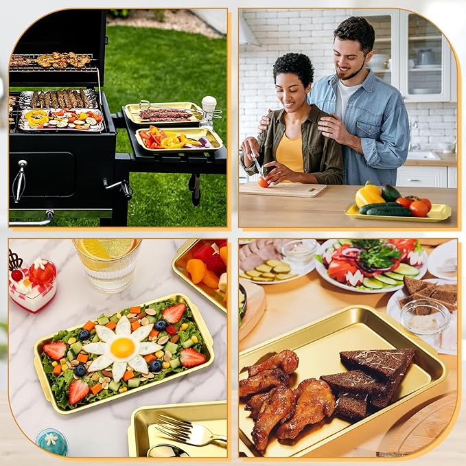 Gold 12 Pcs Small Stainless Steel Serving Tray Bulk 8.66'' x 4.33'' Rectangle Stainless Steel Food Serving Platter with Handle Vanity Tray Decorative Party Plate for BBQ Buffet Appetizer