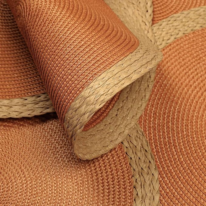 Noctiflorous Round Placemats Set of 4, 15 Inch Braided Hand Woven Table Mats, Heat Resistant Non-Slip Wipeable Wide Edge Place Mats for Kitchen Dining Indoor Outdoor Use(Orange, 4)