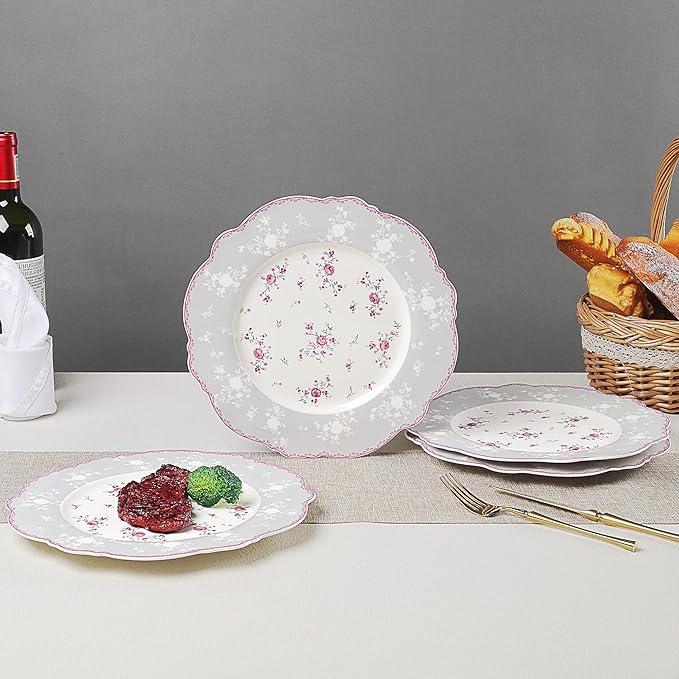 fanquare 10 Inch Porcelain Dinner Plates Set of 4, Lace Dishes Set for Salad, Pasta, Soup, Dessert, Pink Roses