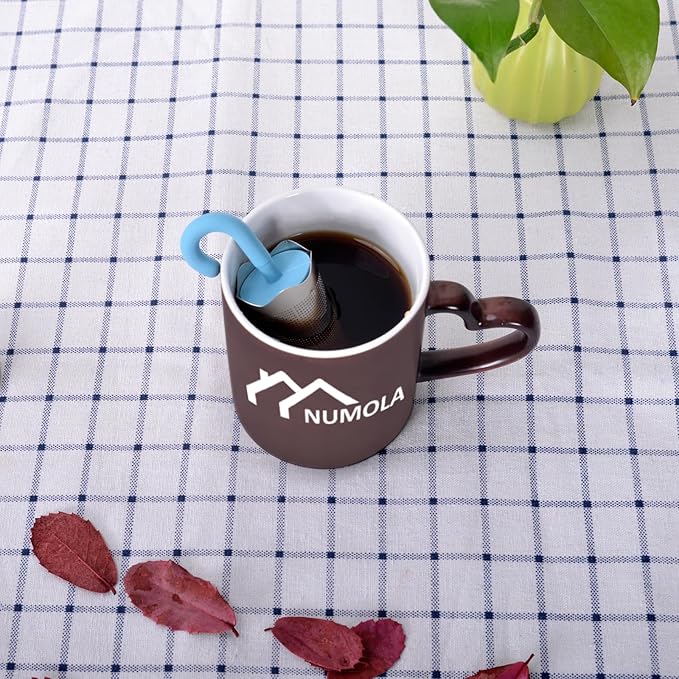 Numola 2Pcs Reusable Umbrella Tea Infuser with Drip Tray for Tea Cups, Mugs and Teapots, Stainless Steel Fine Mesh Tea Strainer with Silicone Lid for Loose Tea (Red & Blue)