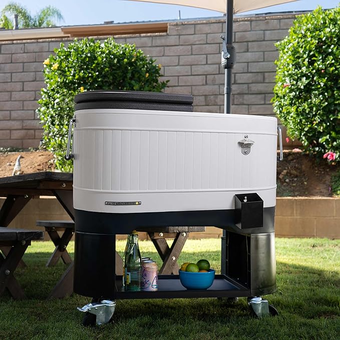 Permasteel Rolling Patio Cooler – Large Outdoor Ice Chest with Wheels, Beverage Cooler for Backyard, BBQ, Tailgate, Beach, Parties, Rustic Farmhouse Design