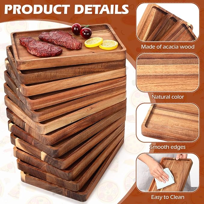 Roshtia 12 Pcs Acacia Wood Serving Tray Rectangular Wooden Serving Platter Christmas Dinner Plates Wood Cheese Charcuterie Board for Food Vegetable, Charcuterie, Appetizer (8'' X 12'' X 1'')