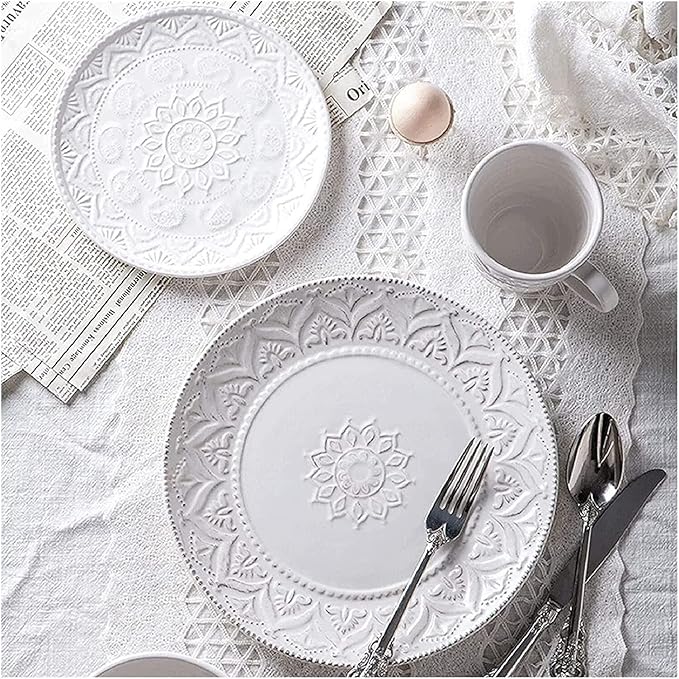 Dinnerware Set Dinner Party Tableware Service Set Ceramics Dinner Sets, 24 Pieces White Vintage Relief Porcelain Dinnerware Set | Nordic Style Cereal Bowl Steak Plate and Mug, FPYY2024040817