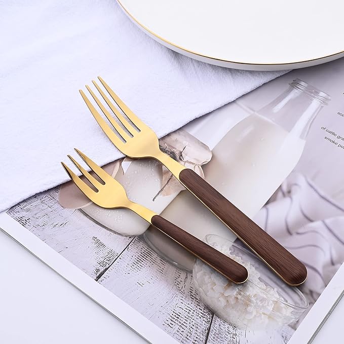 Brown Gold Silverware Set, 16 Pieces Stainless Steel Flatware Cutlery Set with Faux Wooden Handle, 4 x Dinner Knife, 4 x Dinner Fork, 4 x Tablespoon, 4 x Fruit Fork, Mirror Polished