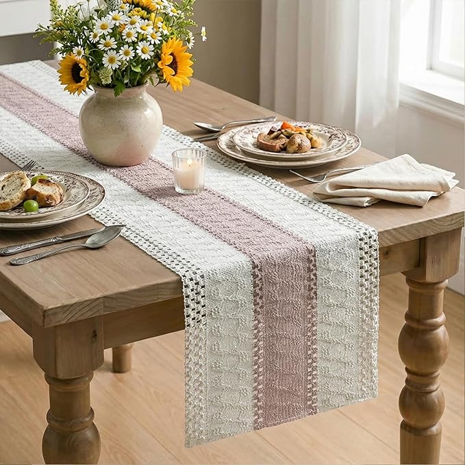 Artoid Mode Pink Farmhouse Rustic Table Runner, Seasonal Holiday Hollow Kitchen Dining Table Decoration for Home Party Decor 12x90 Inch