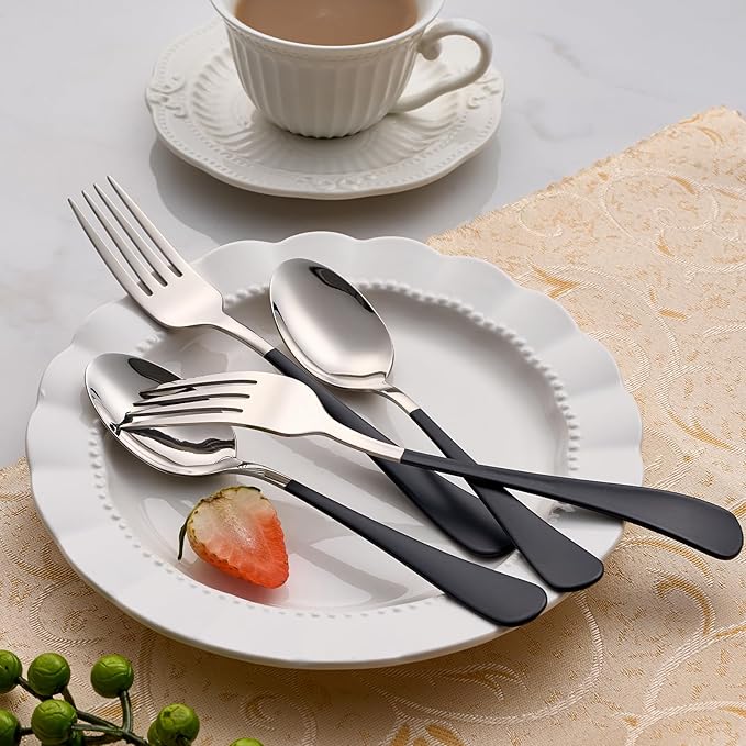 24 piece Black Forks and Spoons Silverware Set,Black Handle Silverware 18/0 Stainless Steel Flatware Bulk Forksand Spoons Dessert Forks and Table of 24