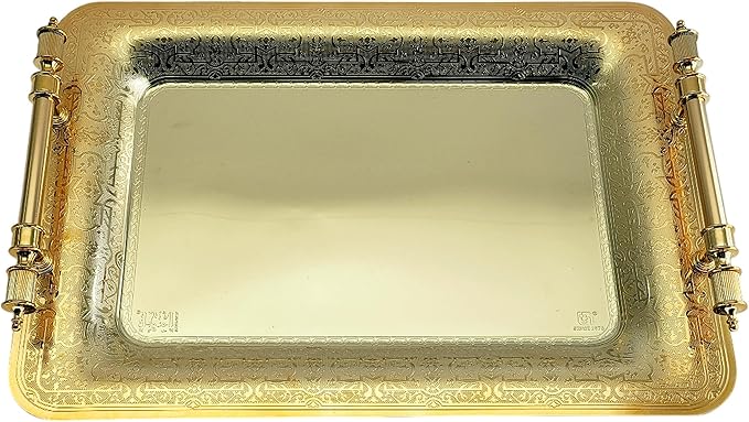 (Pack of 2) 15.7 inch x 11 inch Oblong Iron Gold Plated Mirror Serving Tray with Handles Floral Engraved Decorative Party Birthday Dessert Wine Decor Platter Plate Base Dish NC-014