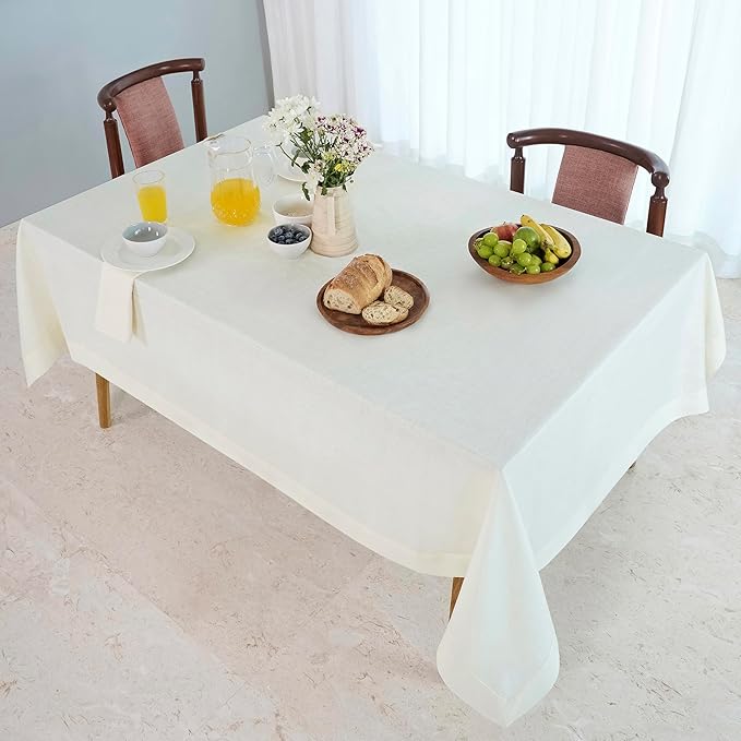 D'Moksha Homes Linen Ivory Tablecloth 60 x 90 Inch - 100% Pure Linen Rectangular Tablecloth - Machine Washable Table Cloth for Winter, Christmas, Holiday, New Year