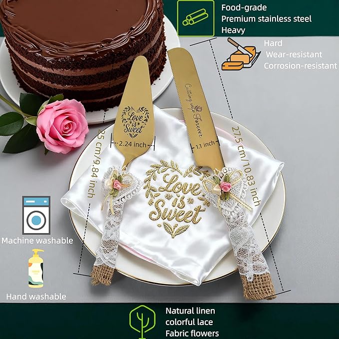 Wedding Cake Knife and Server Set – 10.83" Serrated Knife & 9.84" Server with Rustic Lace Burlap Handles, Stainless Steel Blades, for Bride & Groom, Anniversary & Engagement Gift(gold)