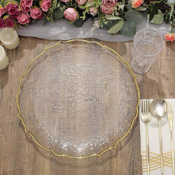 Efavormart 8 Pack | 13" Clear Glass Metallic Gold Scallop Edged Charger Plates For Events Table Decoration for Home & Professional Fine Dining, Catering, Dinner Parties, Weddings