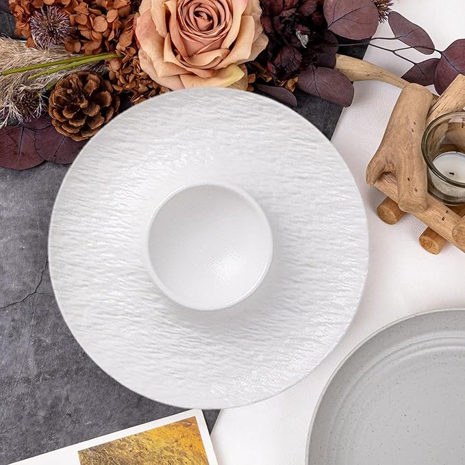 Ceramic Divided Snack Plate with Dipping Saucer, Serving Platter for Dumplings, Fried Chicken, Appetizers, Tacos- White