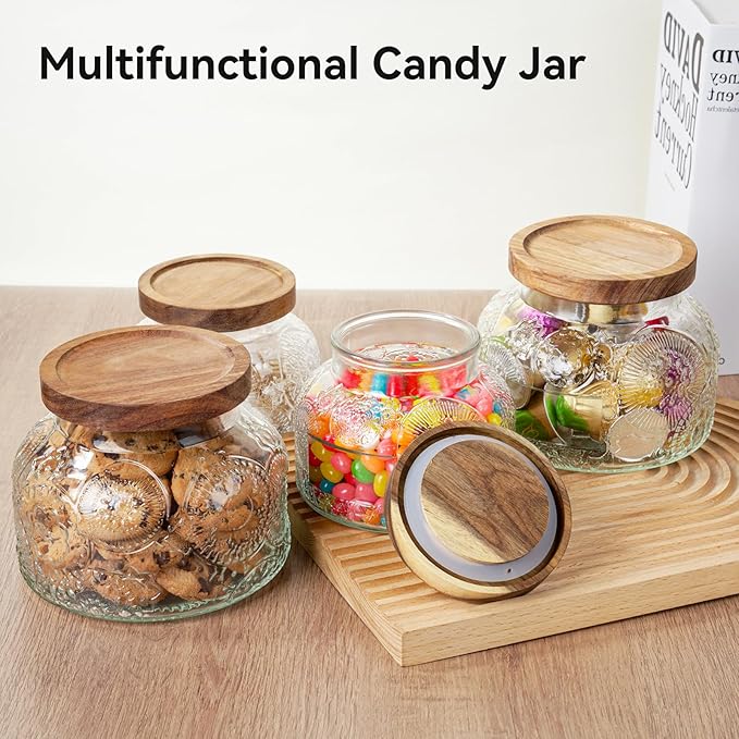 25 Oz Glass Candy Jar with Wooden Lid - Vintage Airtight Food Storage Container for Kitchen Pantry Office Decor, Clear Cookies Canister Organize Coffee Sugar Tea Spice Nuts Snacks