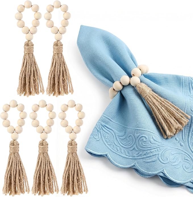 6PCS Napkin Rings, Wooden Bead Napkin Holders for Cloth Napkins, Stretchable Boho Napkins Rings Rustic Twine Rattan Design with Tassel for Farmhouse Thanksgiving Fall Spring Decor