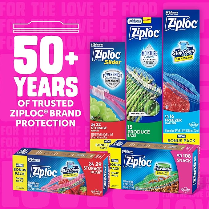 Ziploc 2 Gallon Food Storage Bags, Grip 'n Seal Technology for Easier Grip, Open, and Close, 12 Bags Total