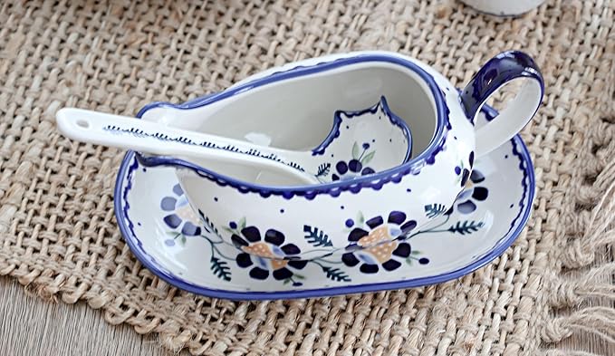 Blue Rose Polish Pottery Sunflower Gravy Boat & Ladle
