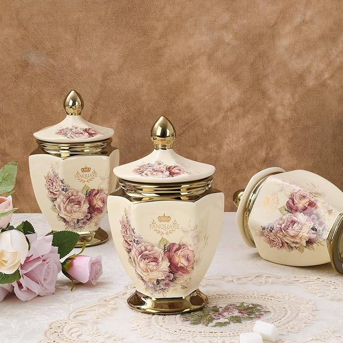 fanquare Vintage Royal Style Decorative Canisters with Gold Trim, Floral Porcelain Sugar Bowl Set of 3 with Airtight Lid for Countertop Party