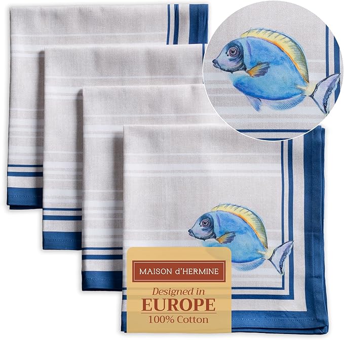 Maison d' Hermine Cloth Napkins Set of 4 100% Cotton Everyday Reusable Square Napkins Cloth Washable, Dinner, Party, Wedding, Restaurant, Spring/Summer (Poisson, 20" x 20")