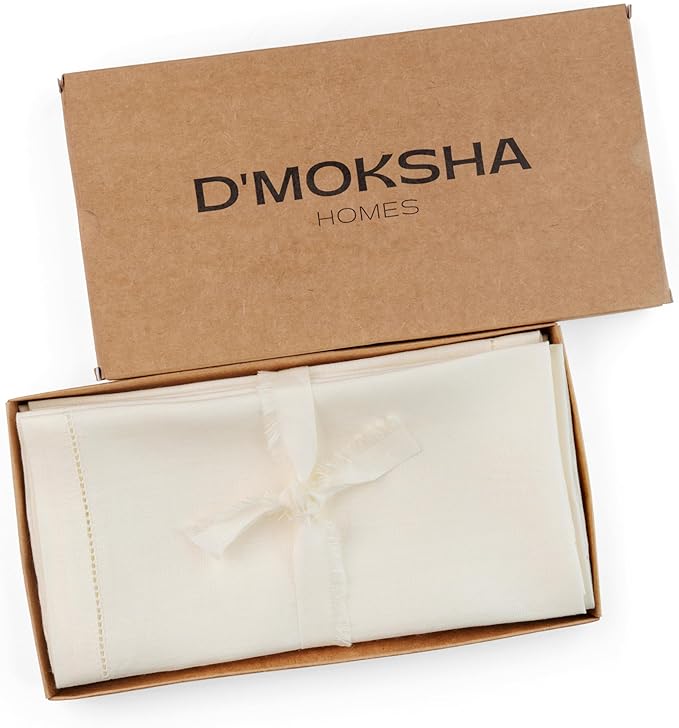 D'Moksha Homes Ivory Linen Napkins Set of 8 - Classic Hemstitch 100% Pure Linen Hemstitch Dinner Napkins 20 x 20 Inch for Winter, Christmas, Holiday, New Year - Handcrafted and Machine Washable