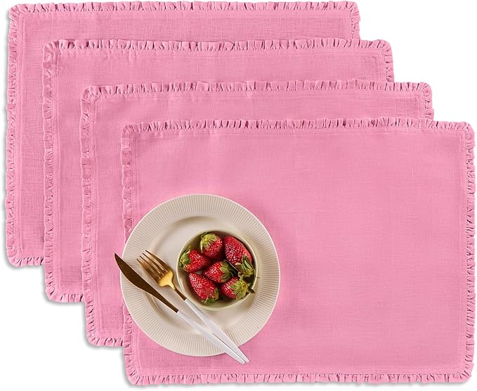 Solino Home Flamingo Pink Linen Placemats 14 x 19 Inch - 100% Pure Linen Juliette Ruffle Placemats Set of 4 - Handcrafted and Machine Washable Table Mats for Christmas