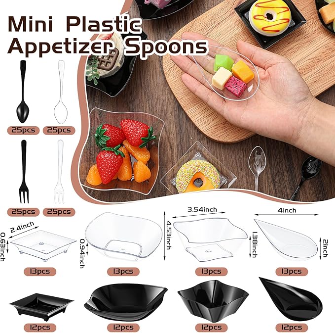 Tessco for you 200 Pcs Mini Appetizer Plates with Spoons Forks Disposable Mini Dessert Plates Plastic Appetizer Bowls Tiny Individual Serving Trays for Party (Black, Clear,Classic)