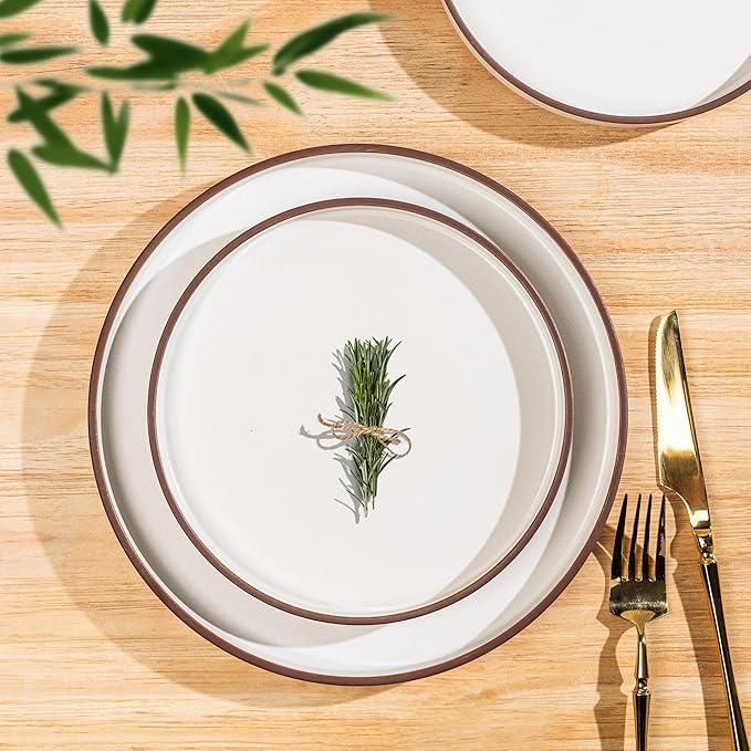 LERATIO Dinner Plates,10.25 Inch Ceramic Flat Plates Set of 6,High Edge Modern plates for Kitchen,Microwave & Dishwasher & Oven Safe, Scratch Resistant Dishes Set-White with Rim