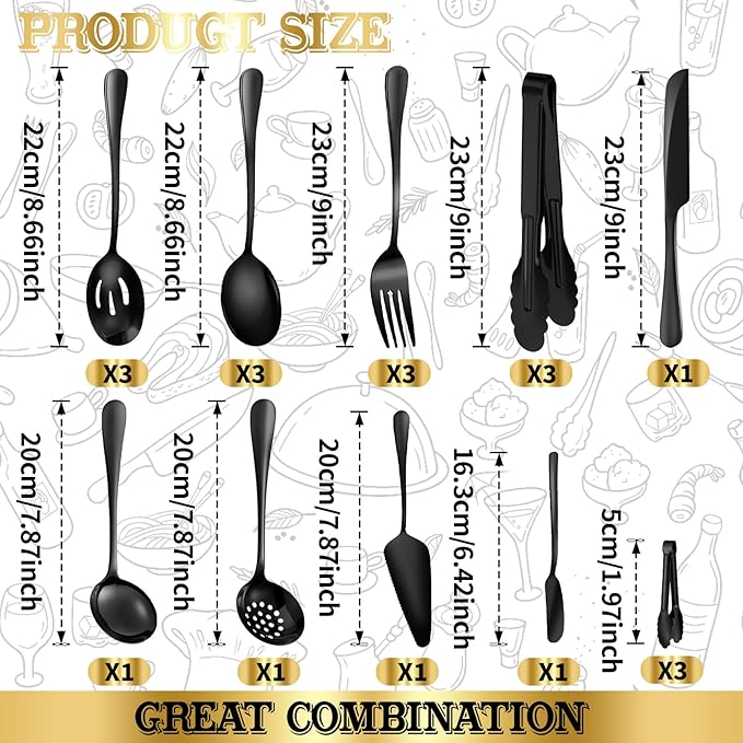 20-Piece Serving Utensil Set - Premium Catering Serving Utensils for Family Gatherings, Weddings, Buffets, and Party Events - Serving Utensils Set for Parties (Black)