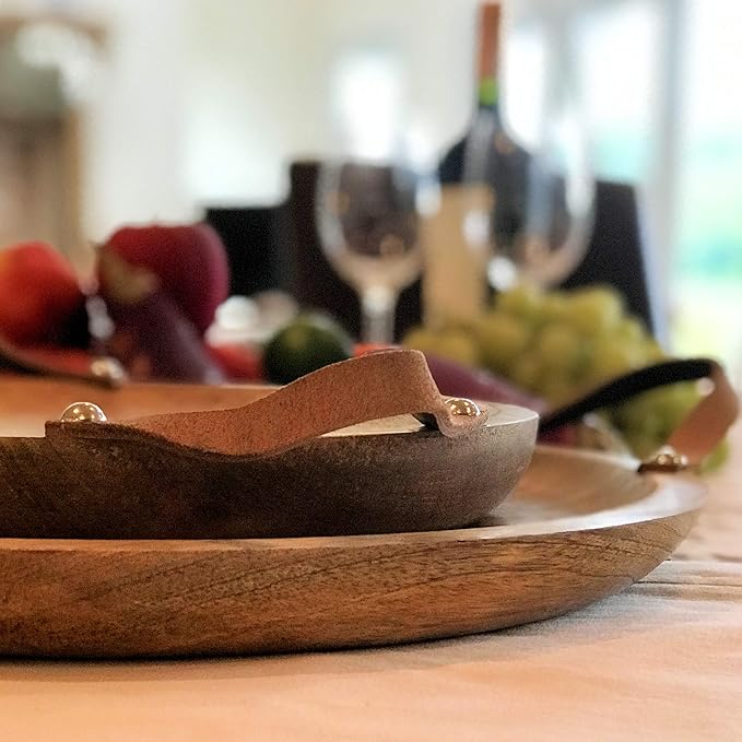 Mango Wood Board Server Trays, Set of 2, Desserts, Charcuterie, Snacks, Serving, Brown Leather Handles, Rustic Rounds, 15 and 12 Inches Diameter