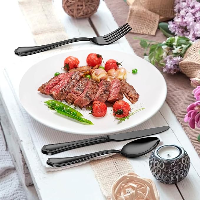 Herogo 40-Piece Black Silverware Set with Scalloped Edge, Stainless Steel Flatware Cutlery Set for 8, Modern Tableware Eating Utensils, Dishwasher Safe, Mirror Polished