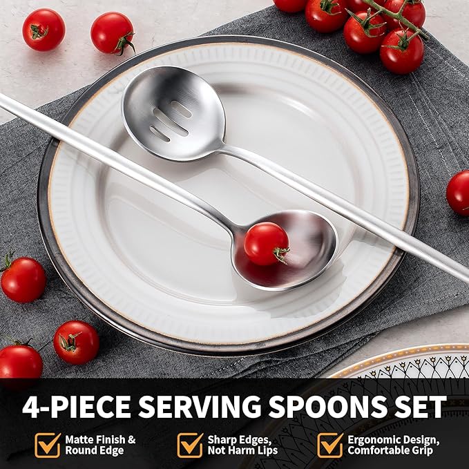 O.C.E. 4 Pieces Serving Spoons Set,10.3-Inch Large Serving Spoon,Including 2 Serving Spoon and 2 Slotted Spoon,Stainless Steel Flatware Serving Set,for Buffet,Banquet or Gift,Matte Silver