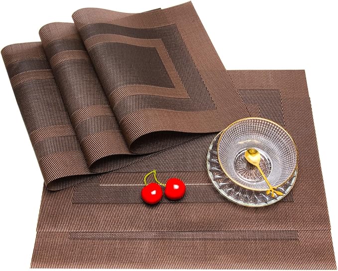 Placemats,PlasticVinyl Washable Heat-Resistant Durable PVC Non-Slip Woven for Kitchen Dining Table Mats (Brown, Set of 8)