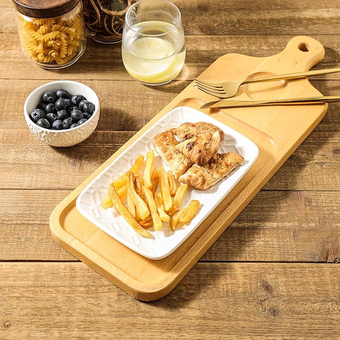 Sureasy Ceramic Salad Plates, Rectangular Appetizer Plates 8 inch, Small Serving Plates for Entertaining, Small Dinner Plates Set for Dessert, Sushi, Embossed Porcelain Dish, Set of 4, White