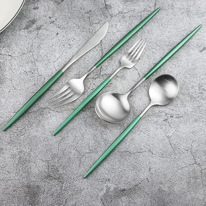JASHII Matte Modern Flatware Set, 33pcs Set Service for 4, 304 Stainless Steel Silverware Set with Round Green Handle, Luxury Full Set Include Butter Knife, Cake Fork, Teaspoon
