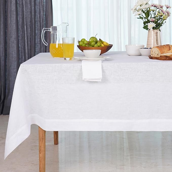 D'Moksha Homes White Linen Tablecloth 60 x 120 Inch - 100% Pure Linen Tablecloth for Rectangle Tables - Machine Washable Table Cloth for Winter, Christmas, Holiday, New Year