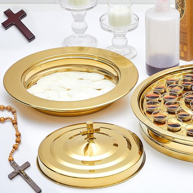 Zhehao 1 Plates Gold Communion Set, Holy Trays with Lid, Stainless Steel Bread Tray Plates for Churches, Holy Communion Tray with Cover, Polished Church Supplies Ware Sets