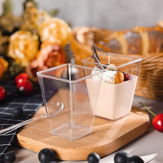 50 Pack 5oz Mini Dessert Cups with Soopns, Clear Square Dessert Bowls Small Plastic Yogurt Parfait Cups Appetizer Cup for Wedding Party