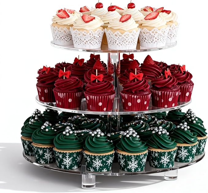 3 Tier Cupcake Tower with 10" 12" 14" 4mm Thick Heavy-Duty Trays, Acrylic Dessert Display Stand for Weddings, Parties, Baby Showers, Round Cupcake Display Stand