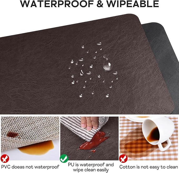 Faux Leather Placemats Set of 6, Vinyl Placemats Wipeable Waterproof Oil-Proof Table Mats, Heat Resistant Place Mats for Kitchen Indoor Outdoor, 16.9 x 11.8 Inch (Choco Brown/Black)