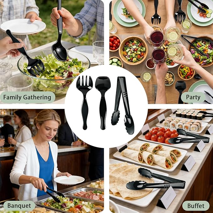 24 Pcs Black Plastic Serving Utensils Set - Large Serving Tongs, Serving Forks, Serving Spoons - Heavy Duty Disposable Serving Utensils for Parties, Buffet, Catering Supplies (Black, 24 Pcs)