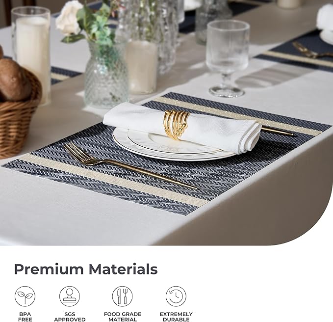 Leetaltree Sparkling Dark Blue Vinyl Woven Placemats Set of 8 - Washable Dining Table Place Mats Striped, Suitable for Wedding, Anniversary, Daily Use